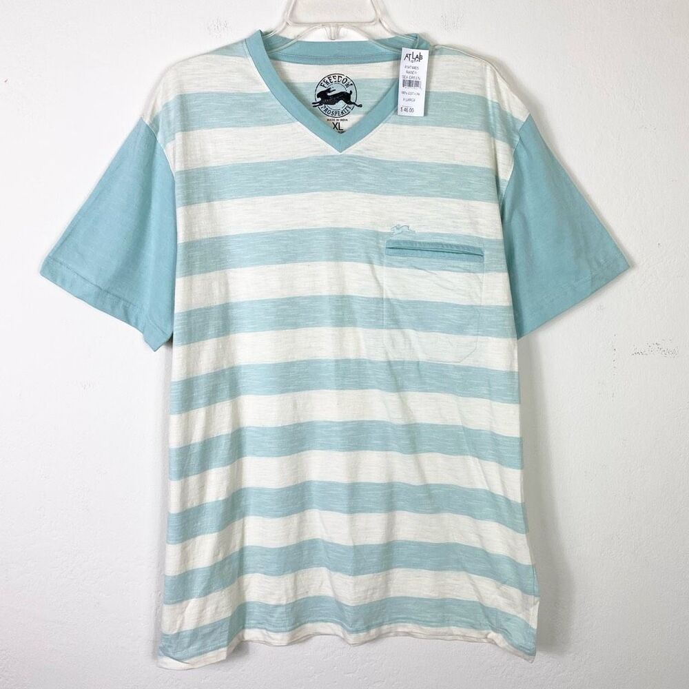 NWT At Lab Freedom Prosperity Randy White & Aqua Striped V Neck Tshirt Size XL